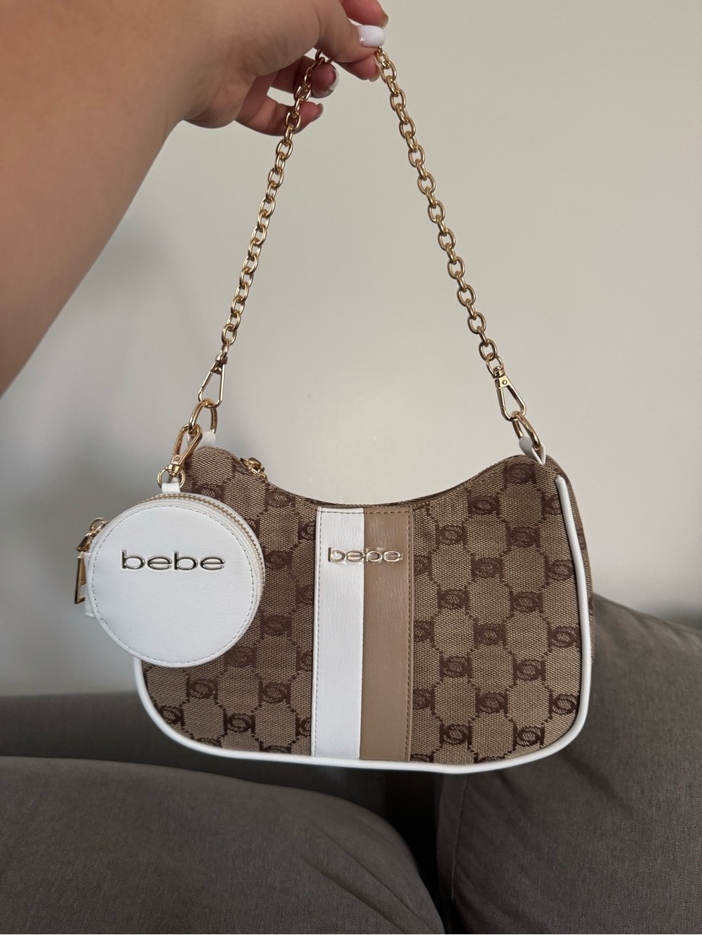 bebe Brown & White Monogram Mini Shoulder Bag with Coin Pouch
